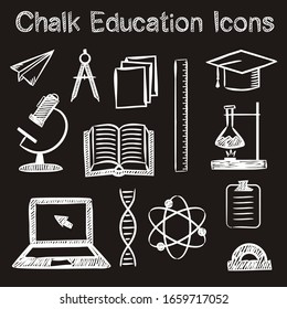 Set of hand-drawn icons on the theme of education in chalk style. White strokes on a black background. Vector illustration for a library, school, university, college, educational application or site.
