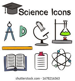 Set of hand-drawn icons on the theme of Science. Pictograms of an open book, Microscope, ruler, molecule, chemical burner. Vector illustration on the theme of Science, chemistry, physics or education