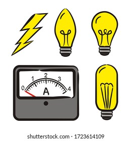 Set of hand-drawn icons on the theme of Physics. Pictograms of ammeter, light bulb, lightning, discharge. Vector illustration on the theme of Science, electricity or education