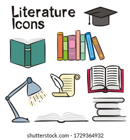 Set of hand-drawn icons on the theme of Literature. Pictograms of a table lamp, an open book, a stack of books, a scroll with a pen. Vector illustration on the theme of Library, books, reading