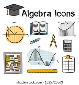 Set of hand-drawn icons on the theme of Maths and Algebra. Pictograms of Ruler, rulers, compasses, accounts, graphs, calculator. Vector illustration for school and education projects.