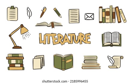 Conjunto de iconos dibujados a mano sobre el tema de la literatura. Pictogramas de lámpara de mesa, libro abierto, pila de libros, desplácese con lápiz. Ilustración vectorial sobre el tema de la biblioteca, los libros y la lectura
