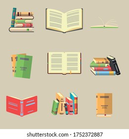 Set of hand-drawn icons on the topic of literature. Books in a stack, open, in a group, closed, on a shelf. Symbols of e-learning.