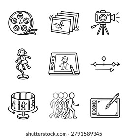 A set of hand-drawn icons representing animation and filmmaking tools and concepts