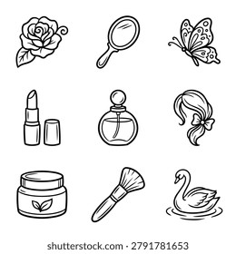 A set of hand-drawn icons representing beauty products and elements like a rose, mirror, butterfly, lipstick, perfume, hair, cream, brush, and swan.