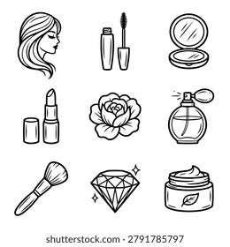 A set of hand-drawn icons representing beauty products like lipstick mascara and perfume