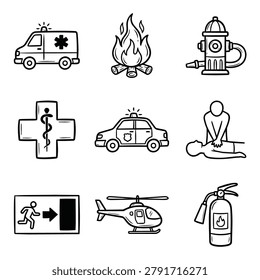 Set of hand-drawn icons representing emergency services including an ambulance police car fire hydrant and first aid cross
