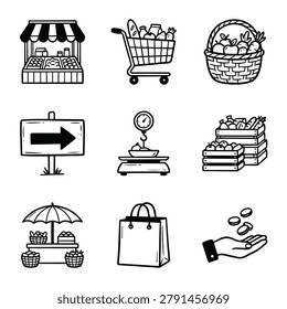 A set of hand-drawn icons representing grocery shopping and market elements including a stall, cart, basket, sign, scale, crates, and bag.