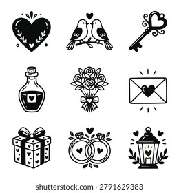 A set of hand-drawn icons representing love and romance, including hearts, birds, a key, potion, bouquet, envelope, gift, rings, and lantern.