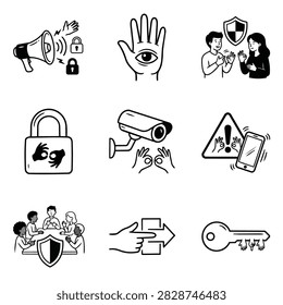 A set of hand-drawn icons representing security concepts like locks, shields, and surveillance, alongside communication symbols like megaphones and hands signing.