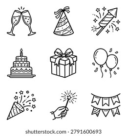A set of hand-drawn icons representing various elements of celebration and parties