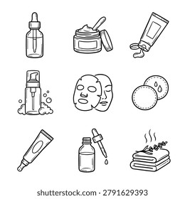 A set of hand-drawn icons representing various skincare items like serums, creams, masks, and cotton pads.