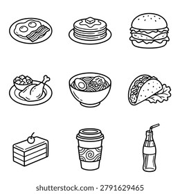 A set of hand-drawn icons representing various popular food and beverage items, including breakfast, lunch, dinner, and dessert options.