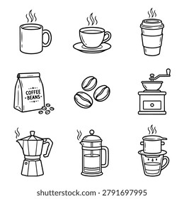 A set of hand-drawn icons representing various coffee items and brewing equipment