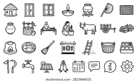 A set of hand-drawn icons representing various aspects of rural Indian life, including housing, tools, agriculture, and daily activities.