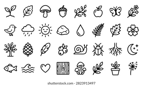 A set of hand-drawn icons representing various elements of nature and the outdoors.