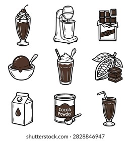 A set of hand-drawn icons representing various chocolate-themed food and drink items.