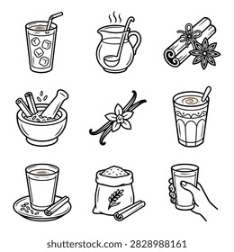 A set of hand-drawn icons representing various spices and beverages, including cinnamon, vanilla, and hot drinks.