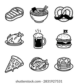A set of hand-drawn icons representing various popular food and drink items, perfect for culinary themes.