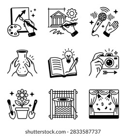 A set of hand-drawn icons representing various creative hobbies and artistic activities like painting, pottery, writing, and music.