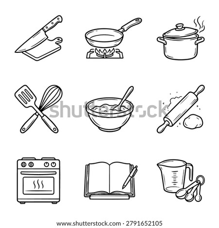 A set of hand-drawn icons representing various kitchen tools, cookware, and appliances used for food preparation and cooking.
