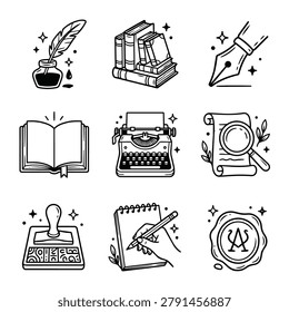 A set of hand-drawn icons representing vintage writing tools and stationery items, including a quill pen, inkwell, books, typewriter, and stamp.