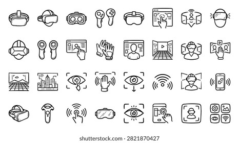 A set of hand-drawn icons representing virtual reality technology, including headsets, controllers, and user interfaces.