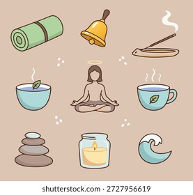 Um conjunto de ícones desenhados à mão que representam atividades de bem-estar, meditação e relaxamento.