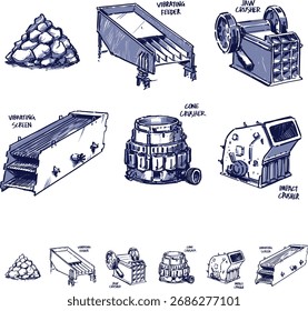 Conjunto de ícones desenhados à mão de uma linha de produção de esmagamento de pedra. Alimentador vibratório, Triturador de mandíbula, Triturador de cone, Triturador de impacto, Tela vibratória.