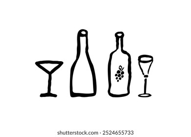 Set of hand-drawn illustration of bottles of wine and glasses. Black line drawing illustration on the white background. Bottle of wine or liquor, simple silhouette, grape icon. Vector illustration