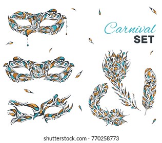 Set of Hand-drawn illustration of carnival mask.