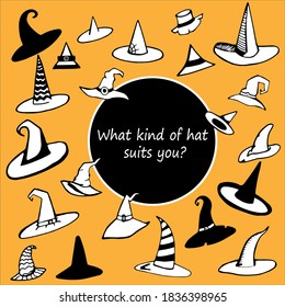 A set of hand-drawn illustration elements for Halloween with witch hats. Suitable for stickers, custom design and business.