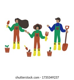 Set, hand-drawn illustration, farm plant growing. A set of items and things that come in handy on the farm. People on a farm in boots. Set for a beginner gardener. Stay indoors. Vector illustration