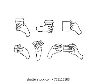 Set hand-drawn illustration with hands. Doodle illustration, different gestures. A glass of coffee or tea in hand.
