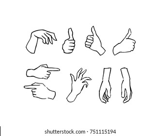 Set hand-drawn illustration with hands. Doodle illustration, different gestures.