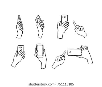 Set hand-drawn illustration hands with phone. Doodle illustration, different gestures. Phone in hand.
