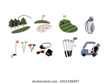 Set of hand-drawn illustrations about golf equipment and golf courses