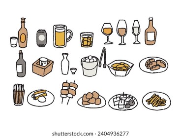 Conjunto de ilustraciones a mano de bebidas alcohólicas y aperitivos
