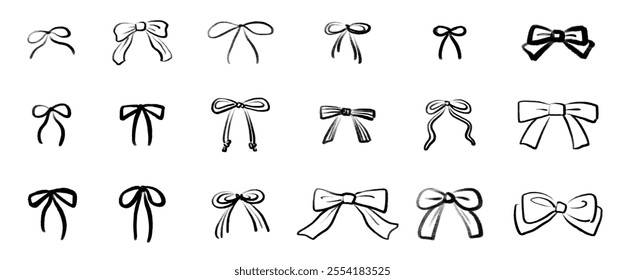 Set of hand-drawn illustrations of bow tie ribbons. Ribbon ties or bow ties in various shapes. Hand drawn vector material isolated on white background.