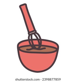 Set of hand-drawn illustrations of a bowl of hot water-filled chocolate and a whisk, inspired by Valentine's Day baking.