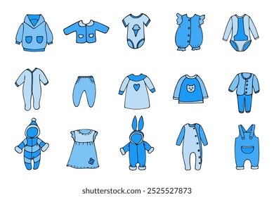 a set of hand-drawn illustrations of children's clothing in a cartoon style.