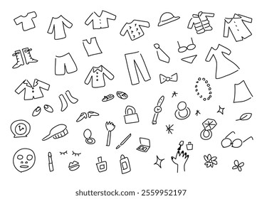 Set of hand-drawn illustrations of clothes, cosmetics, etc. Vector illustration. White background.