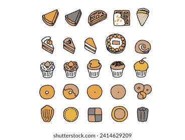 Set of hand-drawn illustrations of cupcakes, donuts, and other baked goods