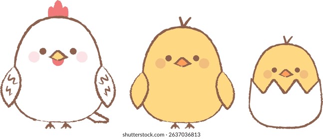 set of hand-drawn illustrations of cute chickens and chicks