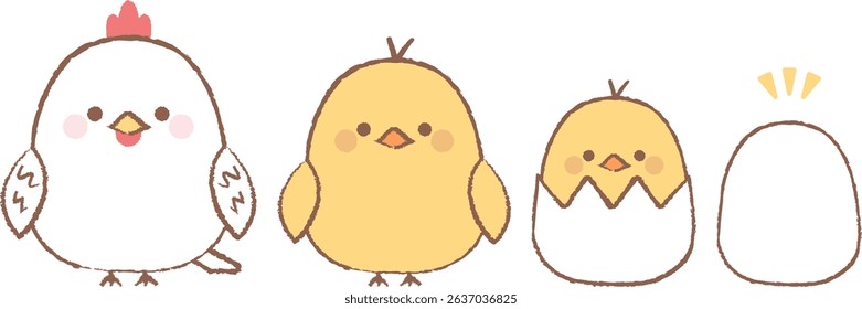 set of hand-drawn illustrations of cute chickens and chicks
