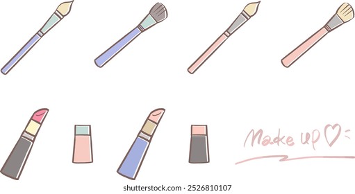 Conjunto de ilustrações desenhadas à mão de batons bonitos e escovas para cosméticos
