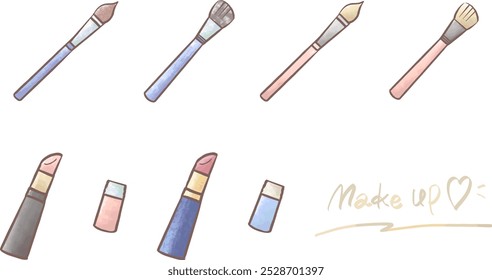 Conjunto de ilustrações desenhadas à mão de batons bonitos e escovas para cosméticos