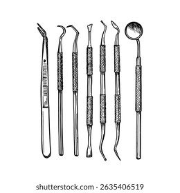 Conjunto de ilustrações desenhadas à mão de ferramentas dentárias no estilo de esboço. Instrumentos odontológicos, equipamento pessoal para cuidados de saúde bucal. Desenho de rabiscar minimalista