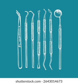 Set of hand-drawn illustrations of dental tools, dentist instruments in sketch style. Equipment for oral health care. Minimalist doodle drawing