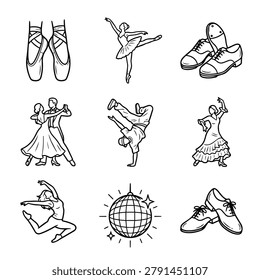A set of hand-drawn illustrations depicting different dance forms and shoes used for dancing.